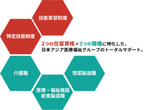 2つの在留資格×3つの職種に特化した、 日本アジア医療福祉グループのトータルサポート。